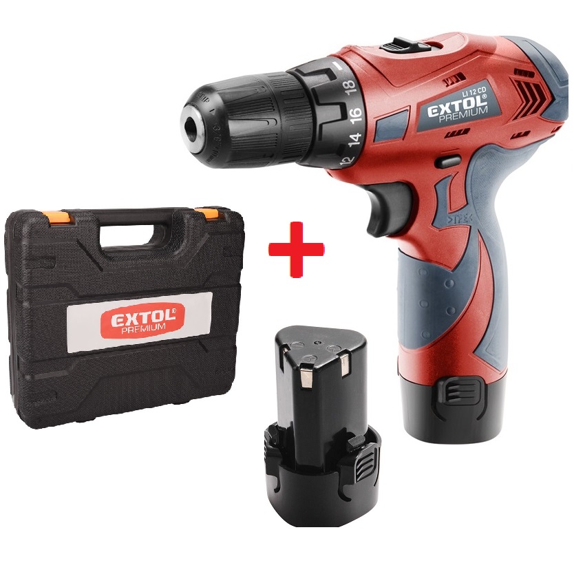 Extol Premium akkus csavarozó 12 V-os Li-Ion, 2db akku + KOFFER