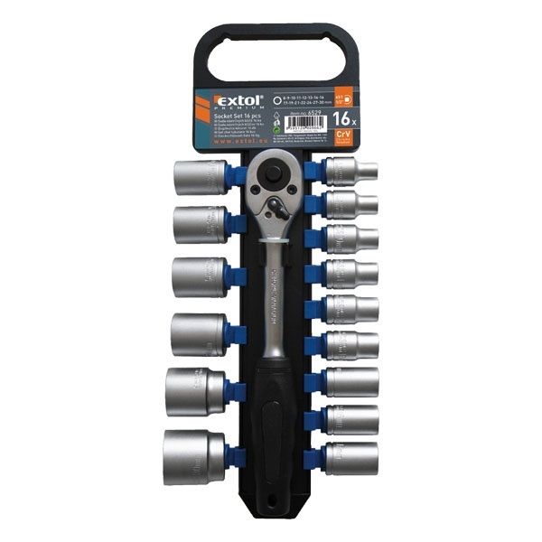 Extol dugókulcs klt., 16db; 1/2", 8-30mm, CV., 45 fogú racsni,