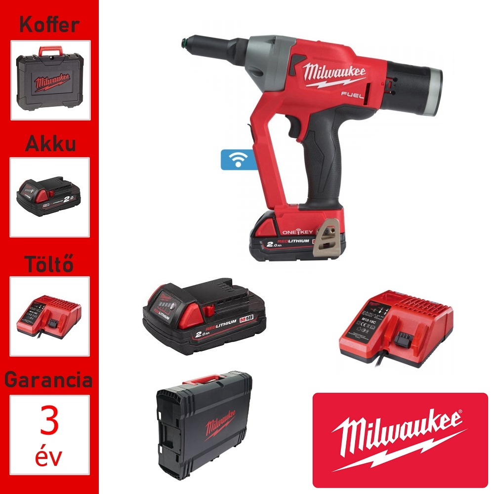 Milwaukee akkus popszegecshúzó M18+2 db akku, töltő, koffer