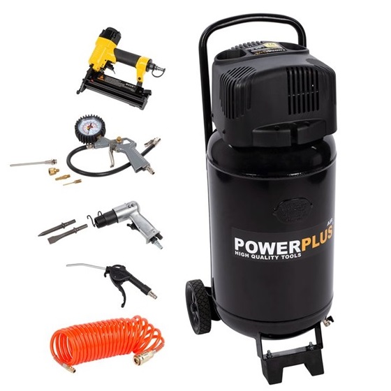 Powerplus álló kompresszor 1100W, 50L, olajmentes, levegős szettel