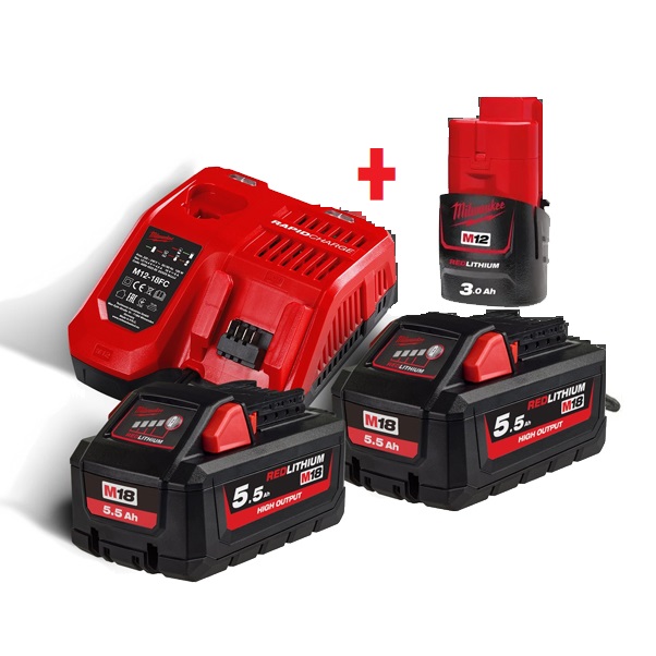 Milwaukee akku és töltő szett ( 2db 18V 5.5Ah + töltő +12v 3ah akku)