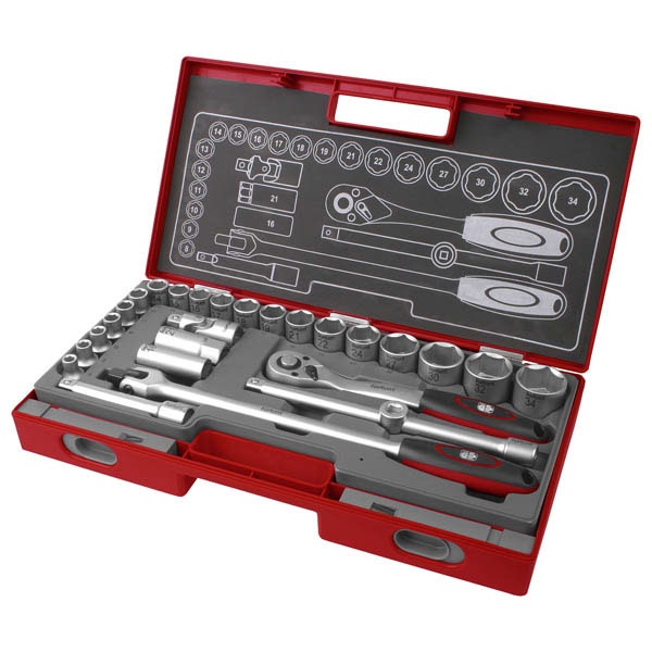 Fortum 27 részes dugókulcs klt. 1/2", 61CrV5 mattkróm ,8-34mm