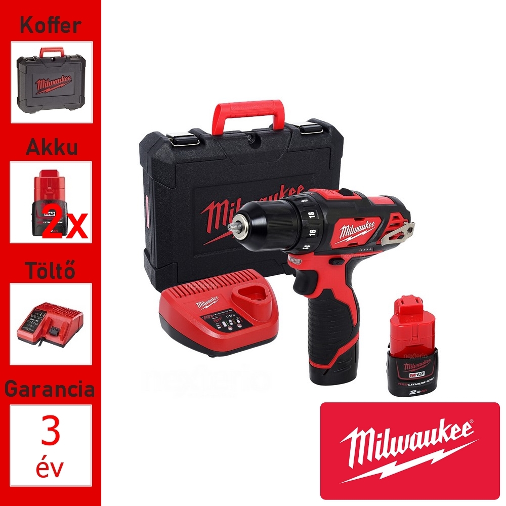 Milwaukee akkus fúrócsavarozó +koffer (30Nm/2x2,0Ah/12V)