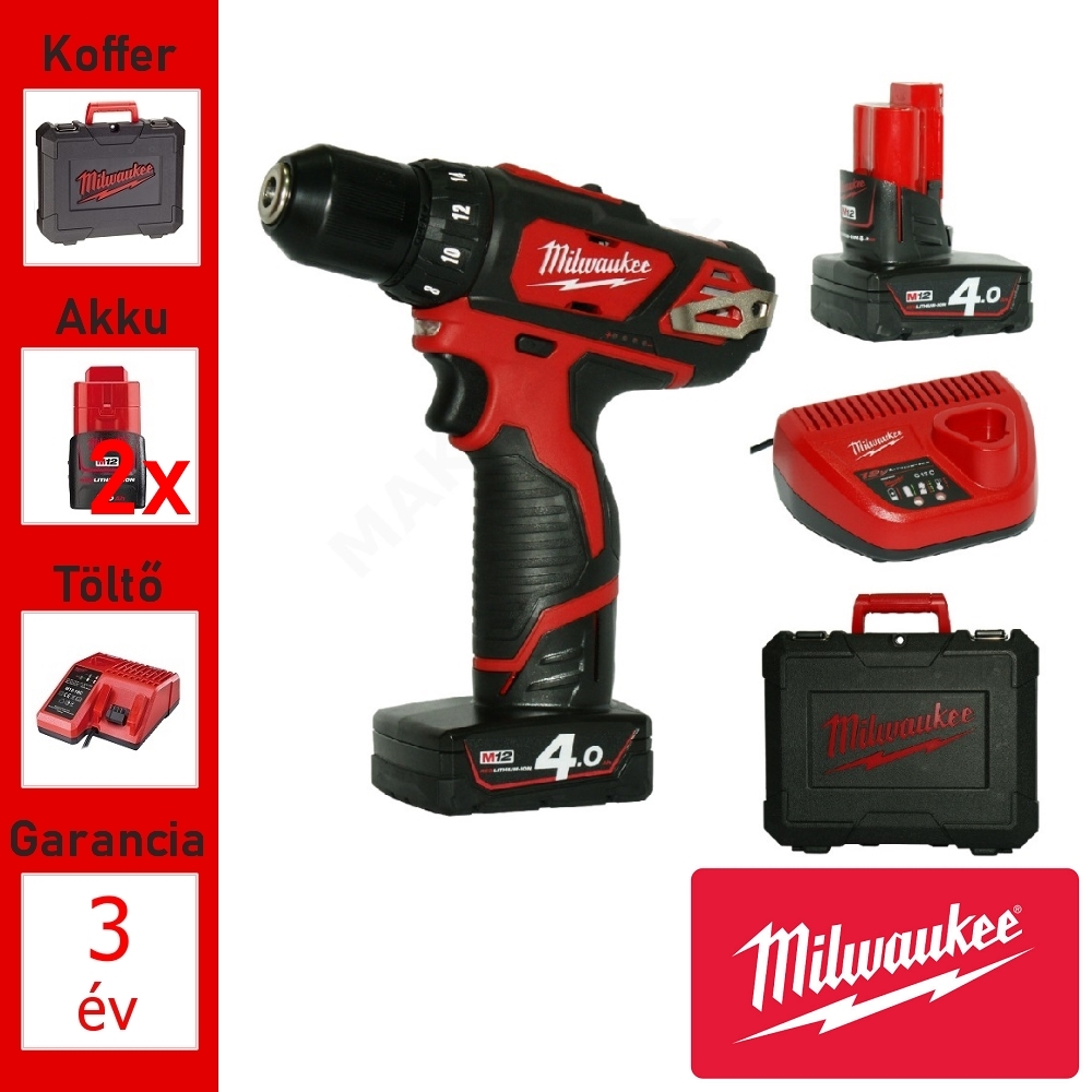 Milwaukee akkus fúrócsavarozó + koffer (38Nm/2x4,0Ah/12V)