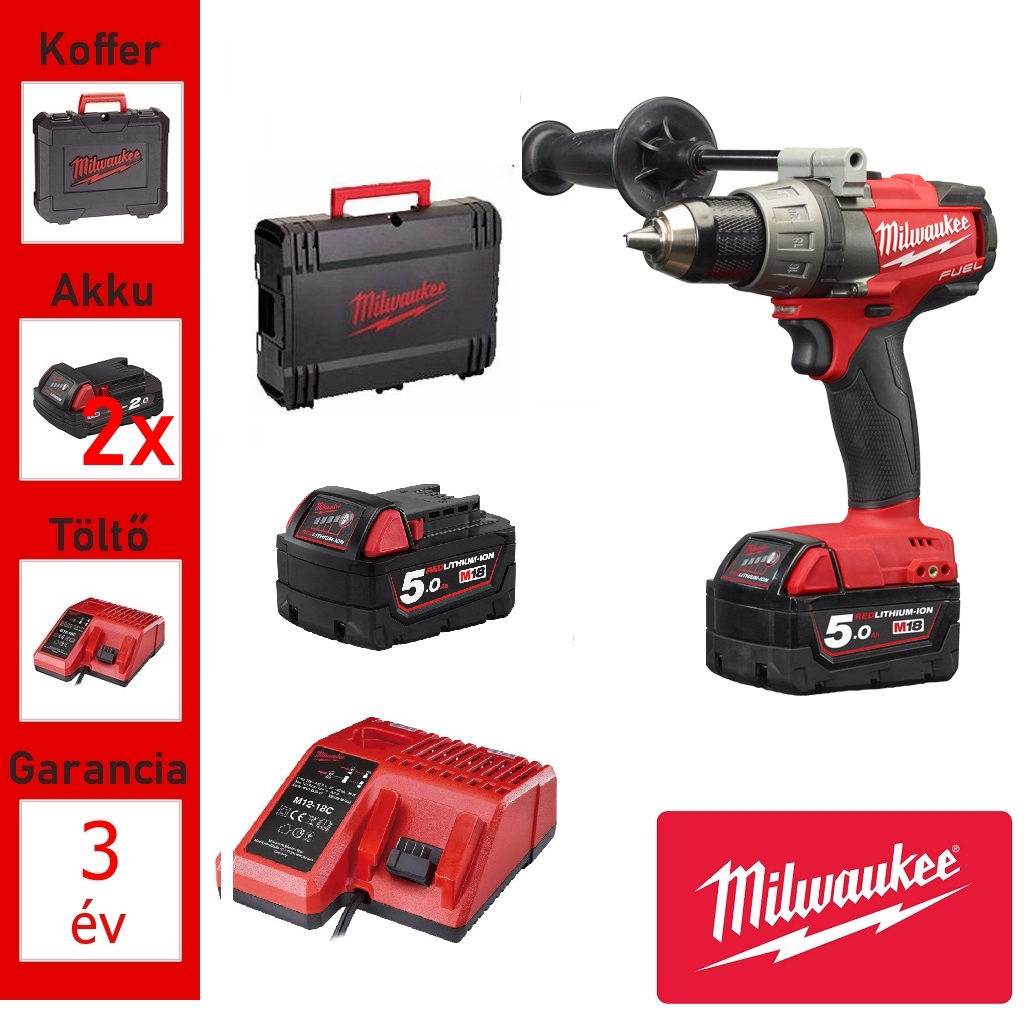 Milwaukee akkus fúrócsavarozó +koffer (135Nm/2x5,0Ah/18V)
