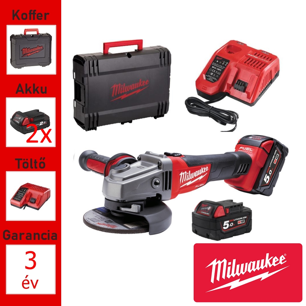 Milwaukee akkus sarokcsiszoló +koffer (115mm/2x5,0Ah/18V)