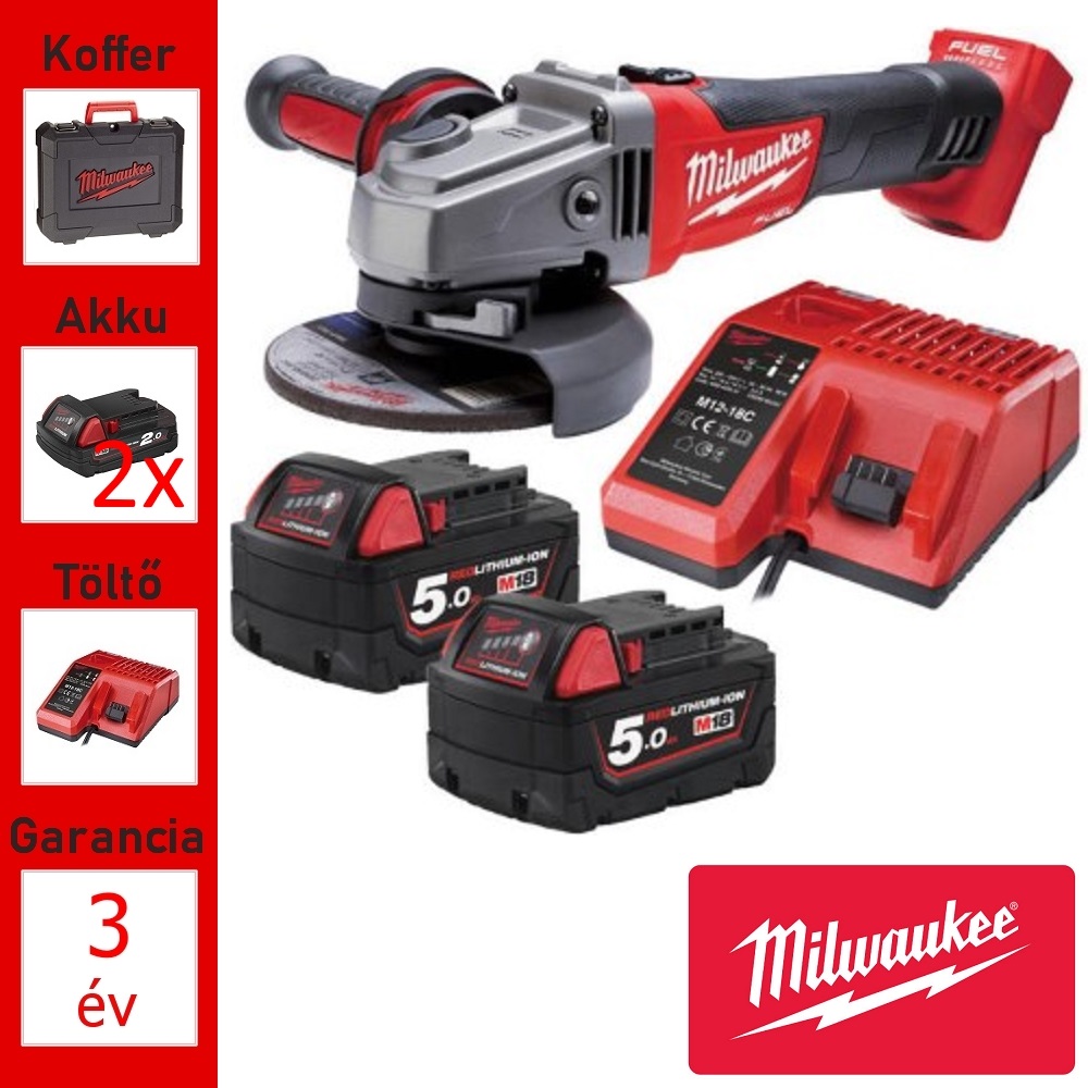 Milwaukee akkus sarokcsiszoló (125mm/2x5,0Ah/18V) műanyag kofferban
